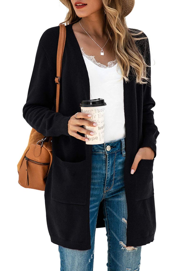 TASAMO Women's Loose Open Front Long Sleeve Solid Color Knit Cardigans Sweater Blouses with Packets (2X-Large,Black) - Image 1